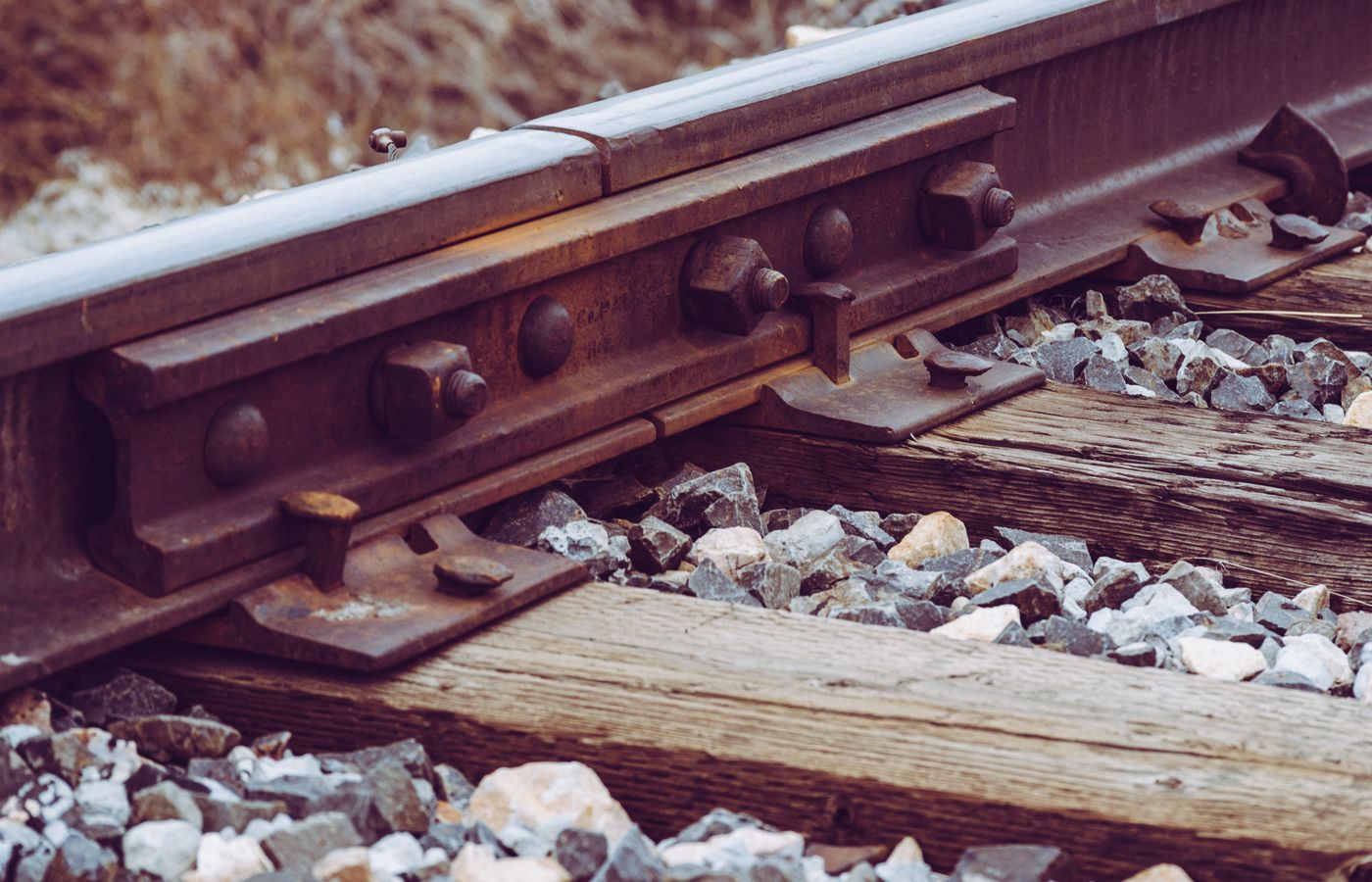 Close-up of rail, tie plates and ballast during a track assessment
